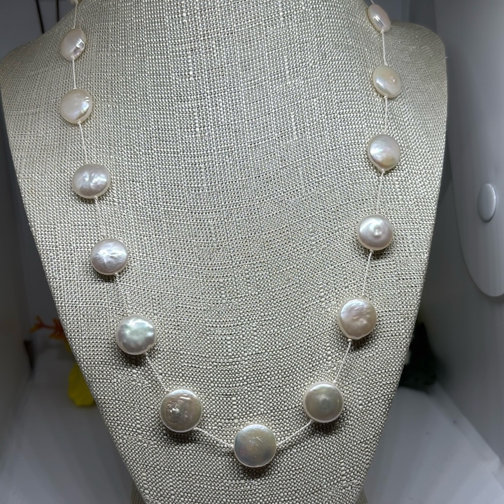 12-14mm  white color coin pearl tin cup necklace. Hand made on Griffin silk cord